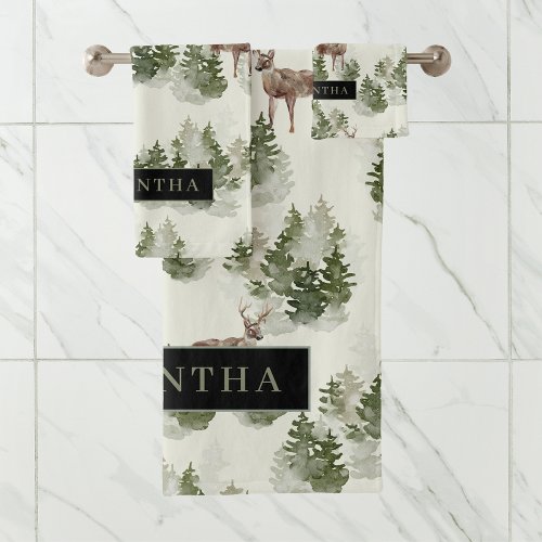 Watercolor Winter Forest Seamless Pattern Bath Towel Set