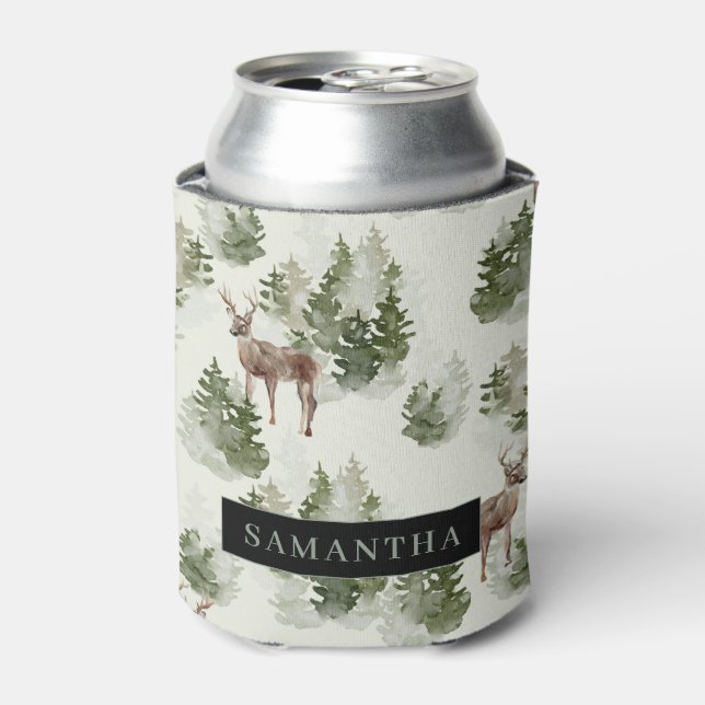Watercolor Winter Forest Seamless Pattern Can Cooler (Can Front)