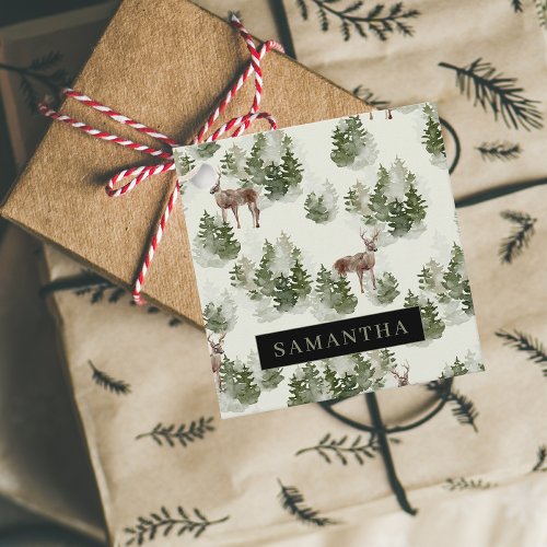 Watercolor Winter Forest Seamless Pattern Favor Tags