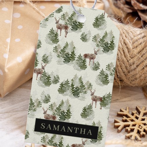 Watercolor Winter Forest Seamless Pattern Gift Tags