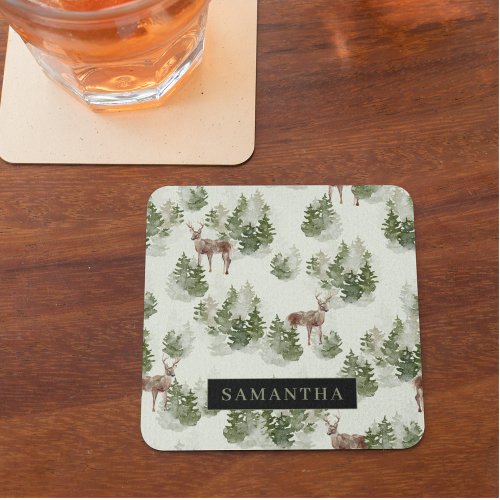 Watercolor Winter Forest Seamless Pattern Glass Coaster