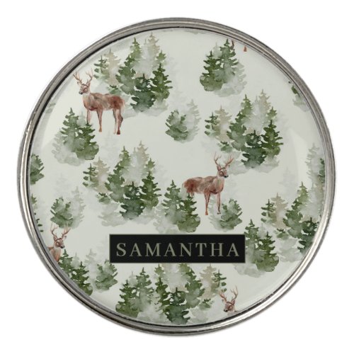 Watercolor Winter Forest Seamless Pattern Golf Ball Marker