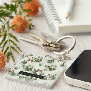 Watercolor Winter Forest Seamless Pattern Keychain