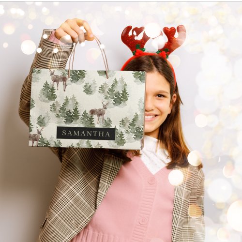 Watercolor Winter Forest Seamless Pattern Large Gift Bag