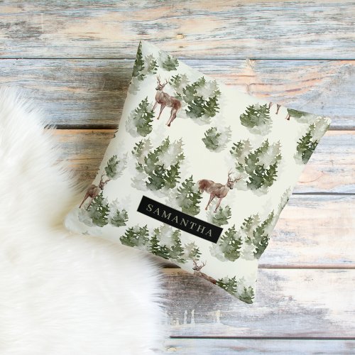 Watercolor Winter Forest Seamless Pattern Outdoor Pillow