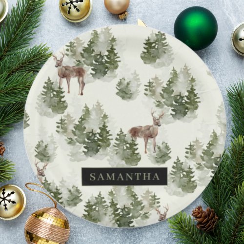 Watercolor Winter Forest Seamless Pattern Paper Plates