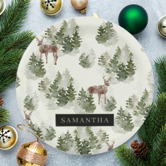 Watercolor Winter Forest Seamless Pattern Paper Plates (Creator Uploaded)