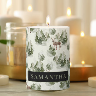 Watercolor Winter Forest Seamless Pattern Pillar Candle