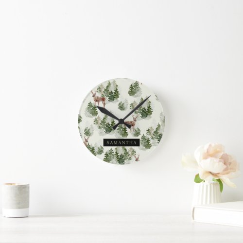 Watercolor Winter Forest Seamless Pattern Round Clock