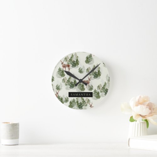 Watercolor Winter Forest Seamless Pattern Round Clock