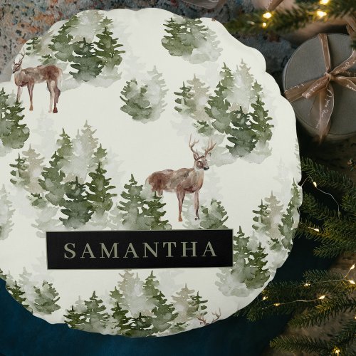 Watercolor Winter Forest Seamless Pattern Round Pillow