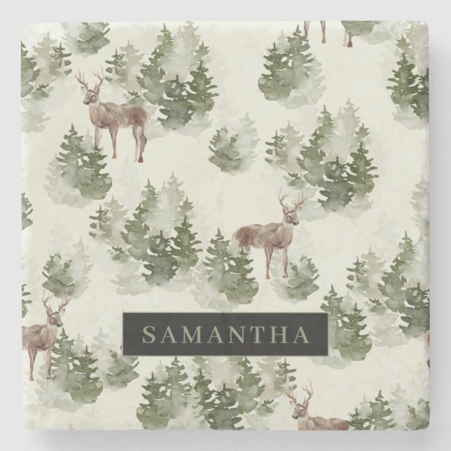 Watercolor Winter Forest Seamless Pattern Stone Coaster (Front)