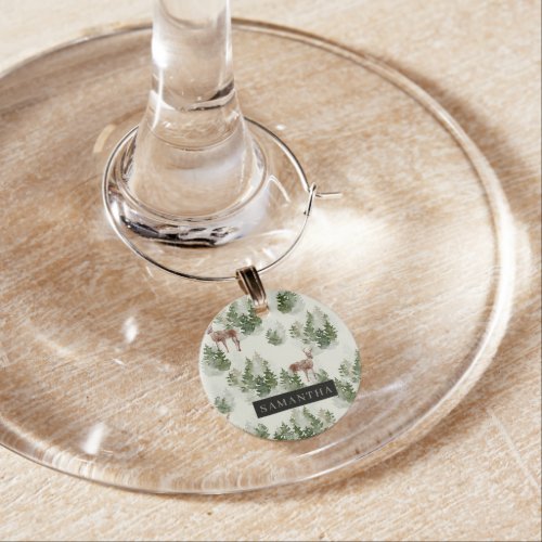 Watercolor Winter Forest Seamless Pattern Wine Charm