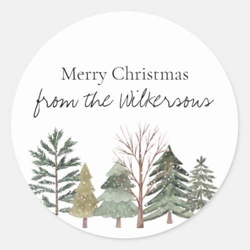 Watercolor Winter Forest Simple Trees Classic Round Sticker