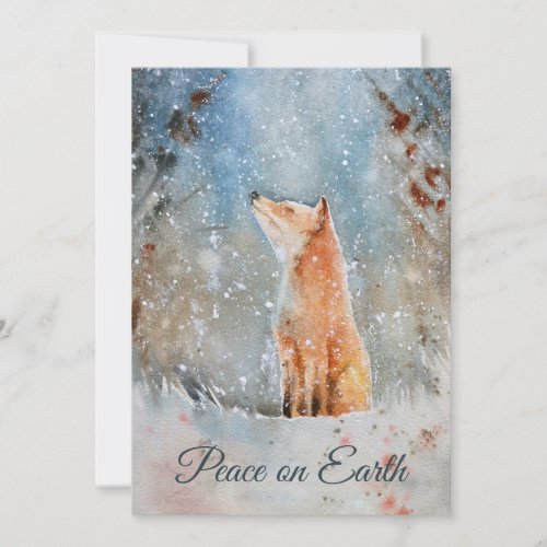 WATERCOLOR WINTER FOX IN SNOW PEACE ON EARTH HOLIDAY CARD