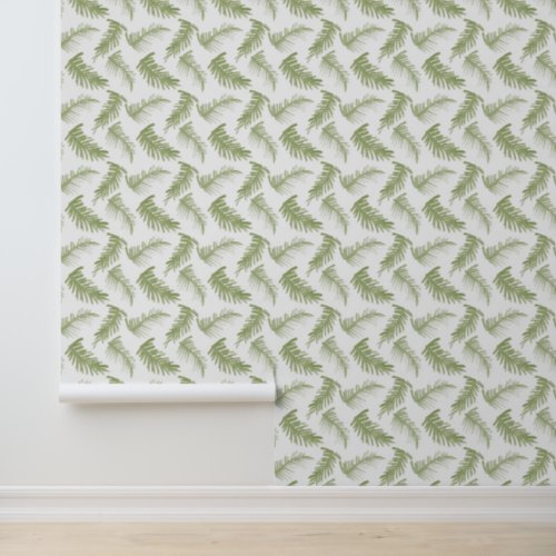 Watercolor winter fronds olive green white wallpaper 