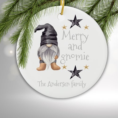 Watercolor Winter Gnome on Buffalo check Christmas Ceramic Ornament