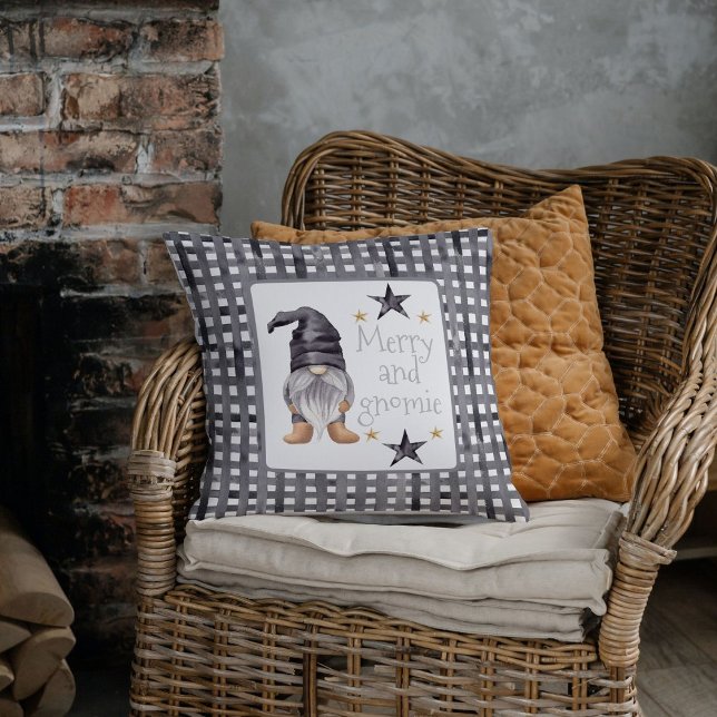 Watercolor Winter Gnome on Buffalo check Christmas Throw Pillow (Cute gnome on buffalo check background design for Christmas pillow.)