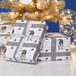 Watercolor Winter Gnome on Buffalo check Christmas Wrapping Paper