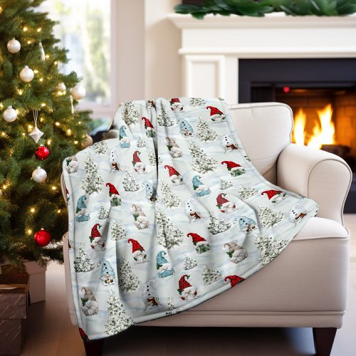 Watercolor Winter Gnomes in Snow Christmas Fleece Blanket