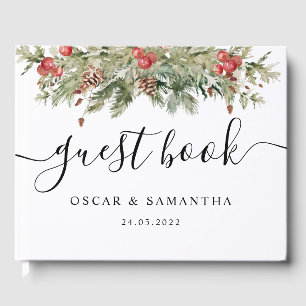 Watercolor Winter Green Pine Tree  & Pine Cone Guest Book