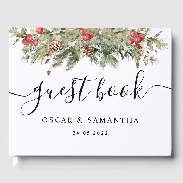 Watercolor Winter Green Pine Tree  & Pine Cone Guest Book (Front)