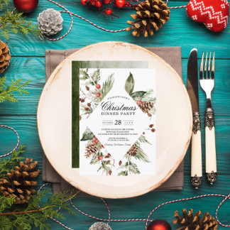 Watercolor Winter Green Pine Tree & Pine Cone Inv Invitation
