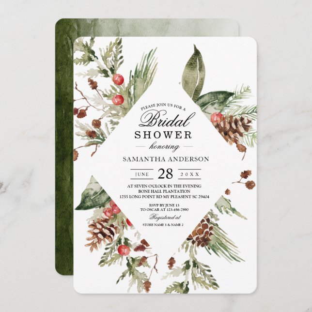 Watercolor Winter Green Pine Tree  & Pine Cone Invitation (Front/Back)