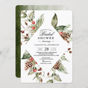 Watercolor Winter Green Pine Tree & Pine Cone Invitation