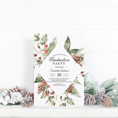 Watercolor Winter Green Pine Tree   Pine Cone Invitation