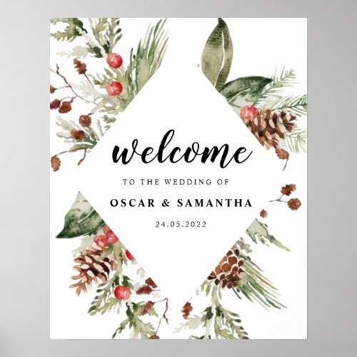 Watercolor Winter Green Pine Tree   Pine Cone Pos Poster