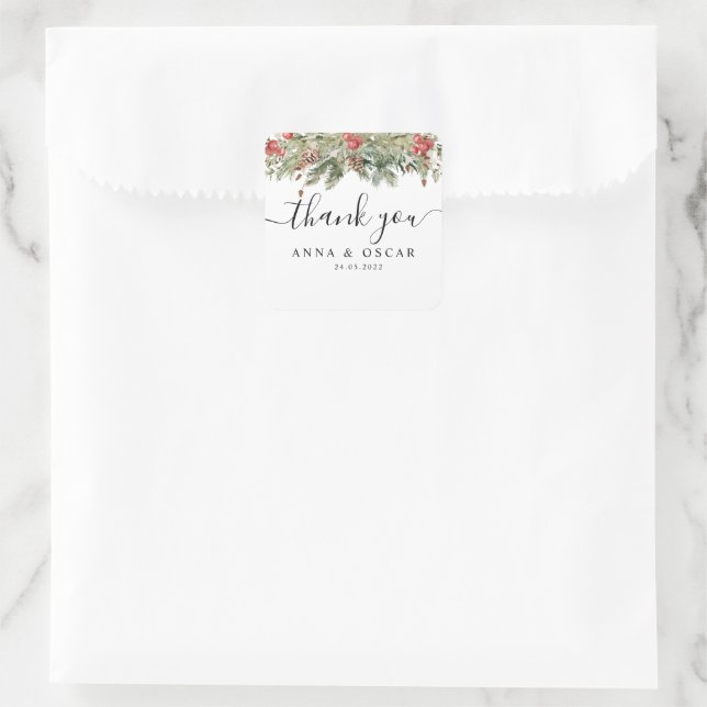 Watercolor Winter Green Pine Tree  & Pine Cone Square Sticker (Bag)