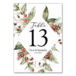 Watercolor Winter Green Pine Tree  & Pine Cone Table Number