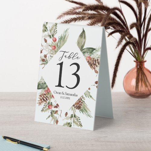 Watercolor Winter Green Pine Tree   Pine Cone Table Tent Sign
