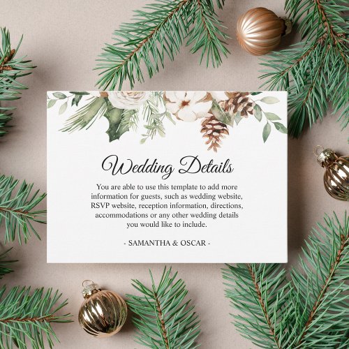 Watercolor Winter Green Pine Tree  White Flowers Enclosure Card