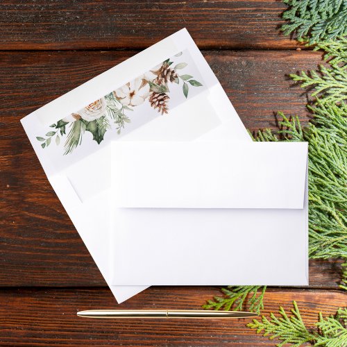 Watercolor Winter Green Pine Tree  White Flowers Envelope Liner