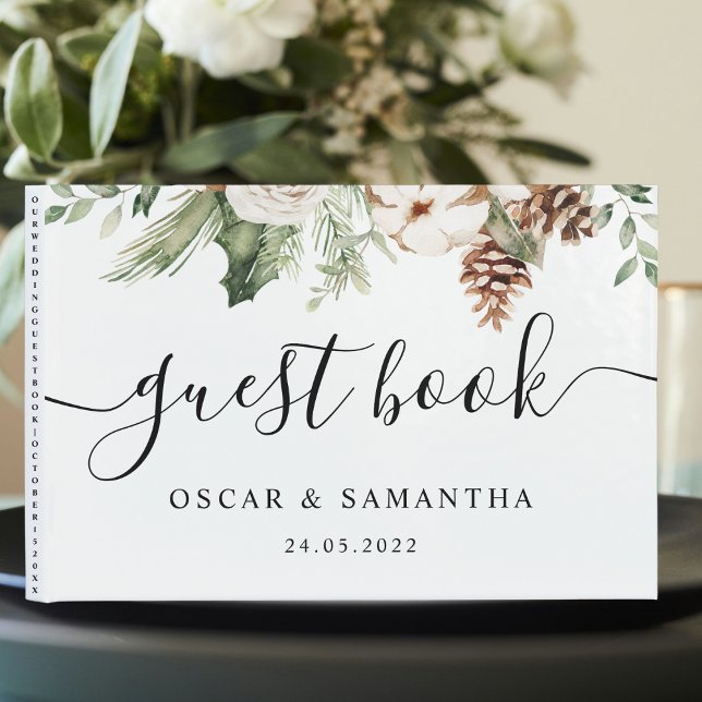 Watercolor Winter Green Pine Tree & White Flowers Guest Book (Creator Uploaded)