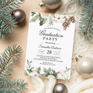 Watercolor Winter Green Pine Tree & White Flowers Invitation