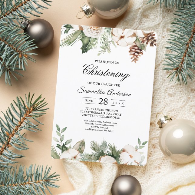Watercolor Winter Green Pine Tree & White Flowers Invitation (Creator Uploaded)