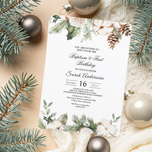 Watercolor Winter Green Pine Tree  White Flowers Invitation