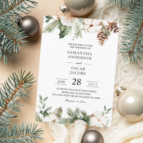 Watercolor Winter Green Pine Tree  White Flowers Invitation