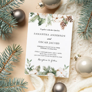 Watercolor Winter Green Pine Tree & White Flowers Invitation