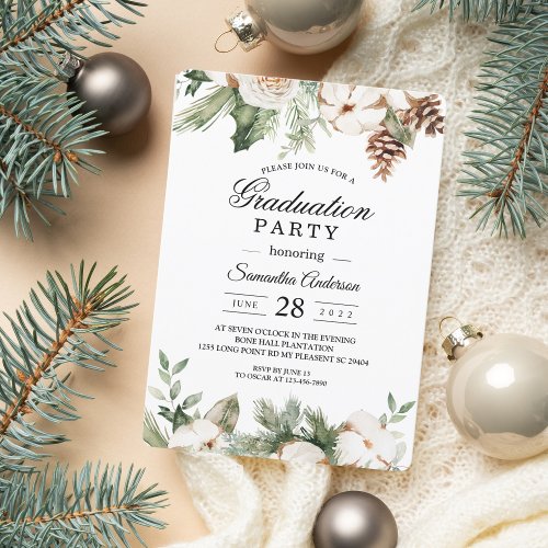 Watercolor Winter Green Pine Tree  White Flowers Invitation