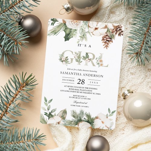 Watercolor Winter Green Pine Tree  White Flowers Invitation