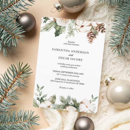 Watercolor Winter Green Pine Tree  White Flowers Invitation