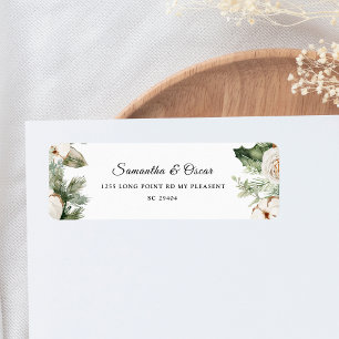 Watercolor Winter Green Pine Tree & White Flowers Label