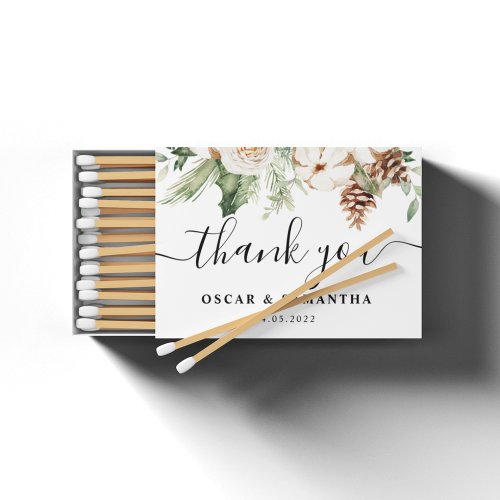 Watercolor Winter Green Pine Tree  White Flowers Matchboxes