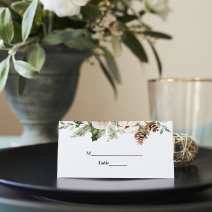 Watercolor Winter Green Pine Tree & White Flowers Place Card