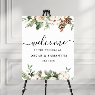 Watercolor Winter Green Pine Tree & White Flowers Poster