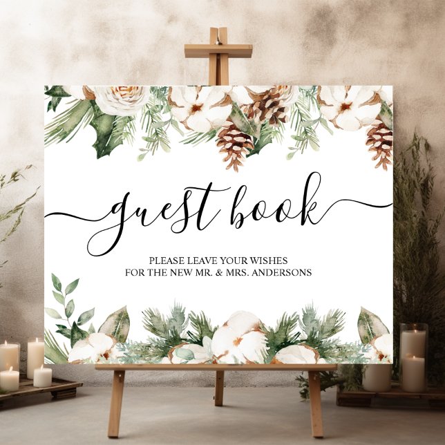 Watercolor Winter Green Pine Tree & White Flowers Poster (Creator Uploaded)